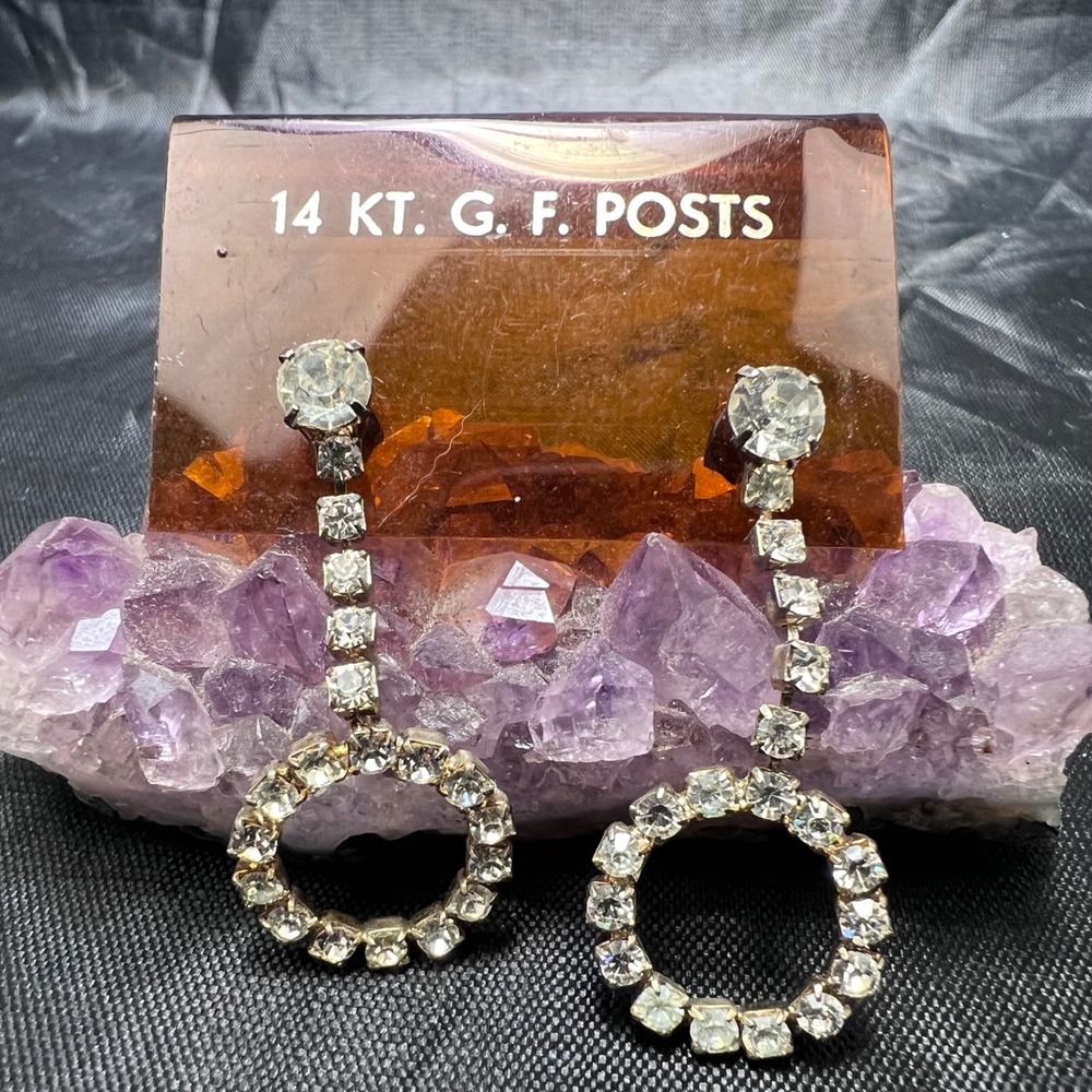 Vtg Rhinestone Drop Earrings 14KT G.F. Posts Round Dangle Bridal Prom Glam Girly